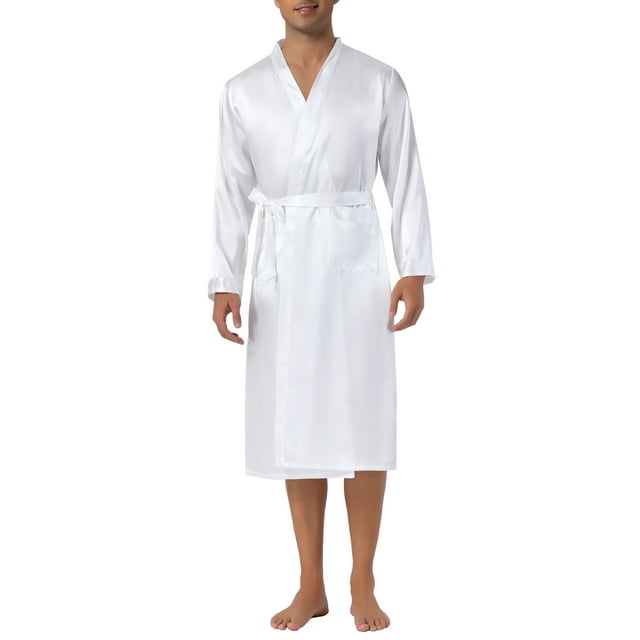 Inspire Chic Conjunto de Noche para Hombre Bata de Satén de Manga Larga con Cintura Ropa de Dormir Bata de Baño S Blanca