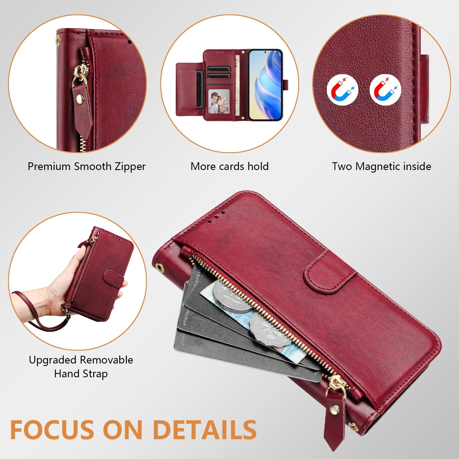 Filp Case for TCL 305 Zipper Pocket Magnetic Flip Wallet Phone Case with 7 Card Slots and Wrist Strap