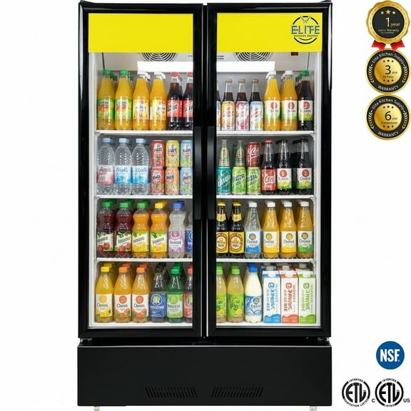 39" Commercial Double Glass Door Merchandiser Refrigerator – 600L Display Cooler, LED Lighting, 110V
