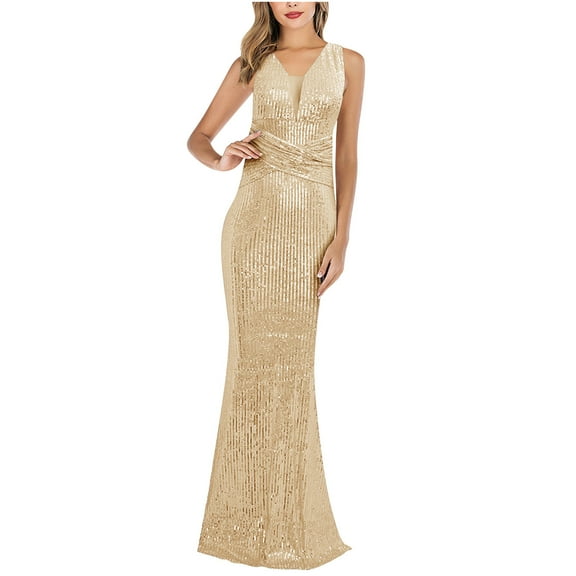 Lovskoo Wedding Guest Dresses for Women Evening Gown Trendy Sequin Slip Dress Sparkly Glitter Party Club Long Wrap Evening Formal Cocktail Dresses 2023 Gold