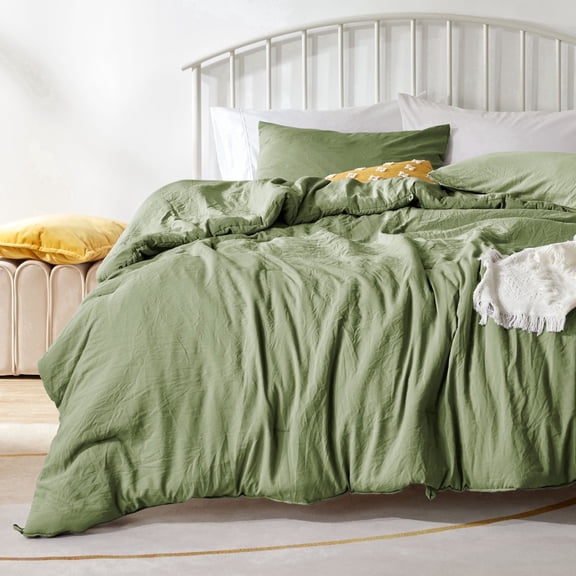 Sonive Washed Comforter Sets Queen 3 Piece, Soft and Cozy, Fluffy Microfiber Fill, Washed Textured Wrinkled Design (Loden Green)