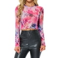 thumbnail image 1 of CAMISETA MESH DE MANGA LARGA Y CUELLO REDONDO PARA MUJERES INSPIRADA EN CHIC, CON DISEÑO TIE DYE, TRANSPARENTE, BLUSA DE MODA, TALLA XS, MULTICOLOR MORADO, 1 of 1