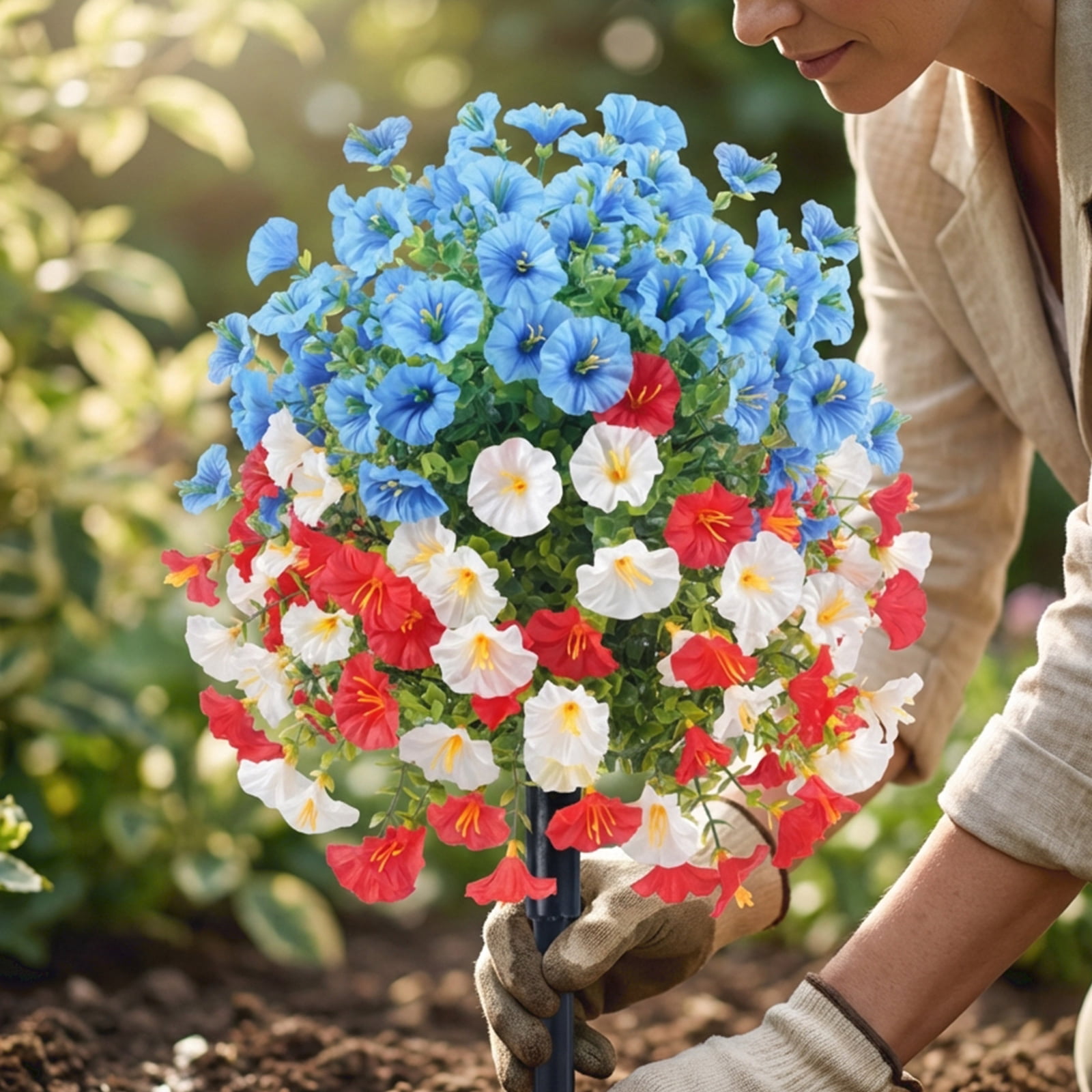 Morning Glory Artificial Flowers, Outdoor Holiday Decorations, Red White and Blue Decorations, Uv Resistant Outdoor Artificial Flowers, Lawn Placement, Multi Color, 2 Pc