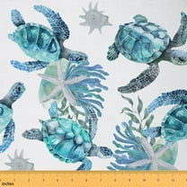 Manfei Watercolor Sea Turtle Sewing & Crafting Fabric (1 Yard), Underwater Animal Wildlife Home Decor Fabric by the Yard, Ocean Starfish Coral DIY Fabric