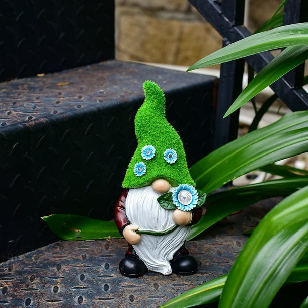 Estatua de Gnomo de Jardín Solar con Corona de Suculentas y Luces Led - Figura Decorativa de Enano para Patio, Balcón y Jardín.