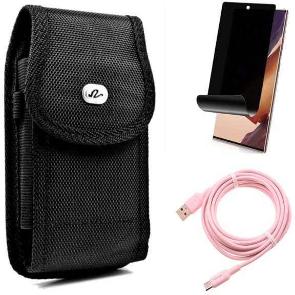 Privacy Screen Protector & Case Belt Clip & 10ft Long USB-C Cable for Samsung Galaxy Note 20 Ultra (6.9") - Combo with TPU Film Anti-Peep & Rugged Holster & Pink Charger Cord