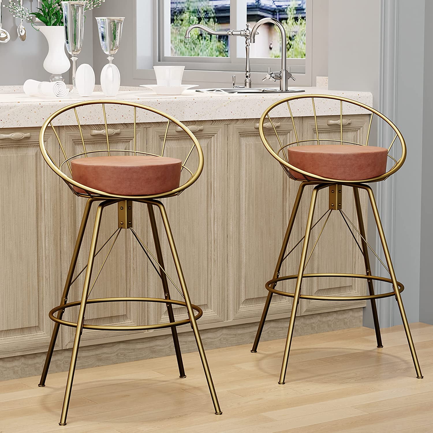 ZXNYH Swivel Metal Bar Stools Set of 2 Counter Height stools Gold Barstools with Back