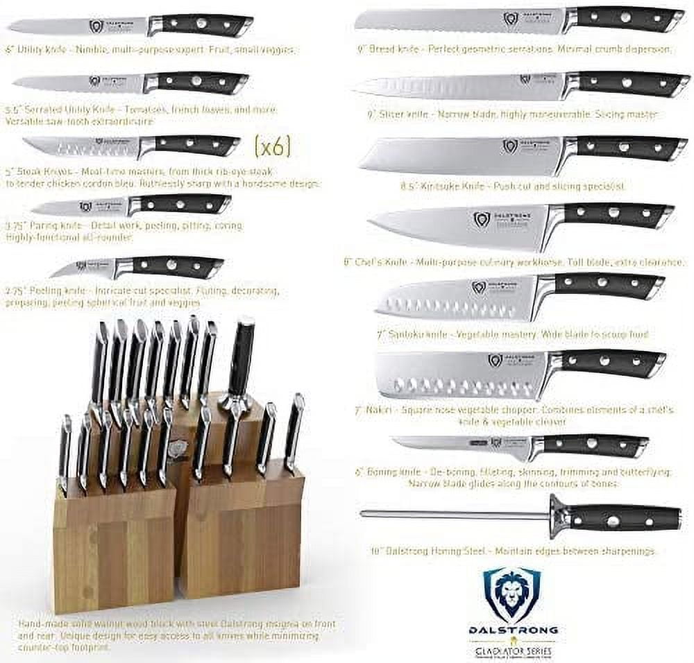 DALSTRONG Knife Set Block - Gladiator Series Colossal Knife Set - German HC  Steel - 18 Pc - Walnut Stand (Black Handles) 