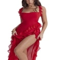 thumbnail image 3 of Femmes Haut Côté Split Mesh Pure Longue Robe Sans Manches Volants Bretelles Irrégulière Ourlet Cocktail Midi Robes Rouge M, 3 of 8