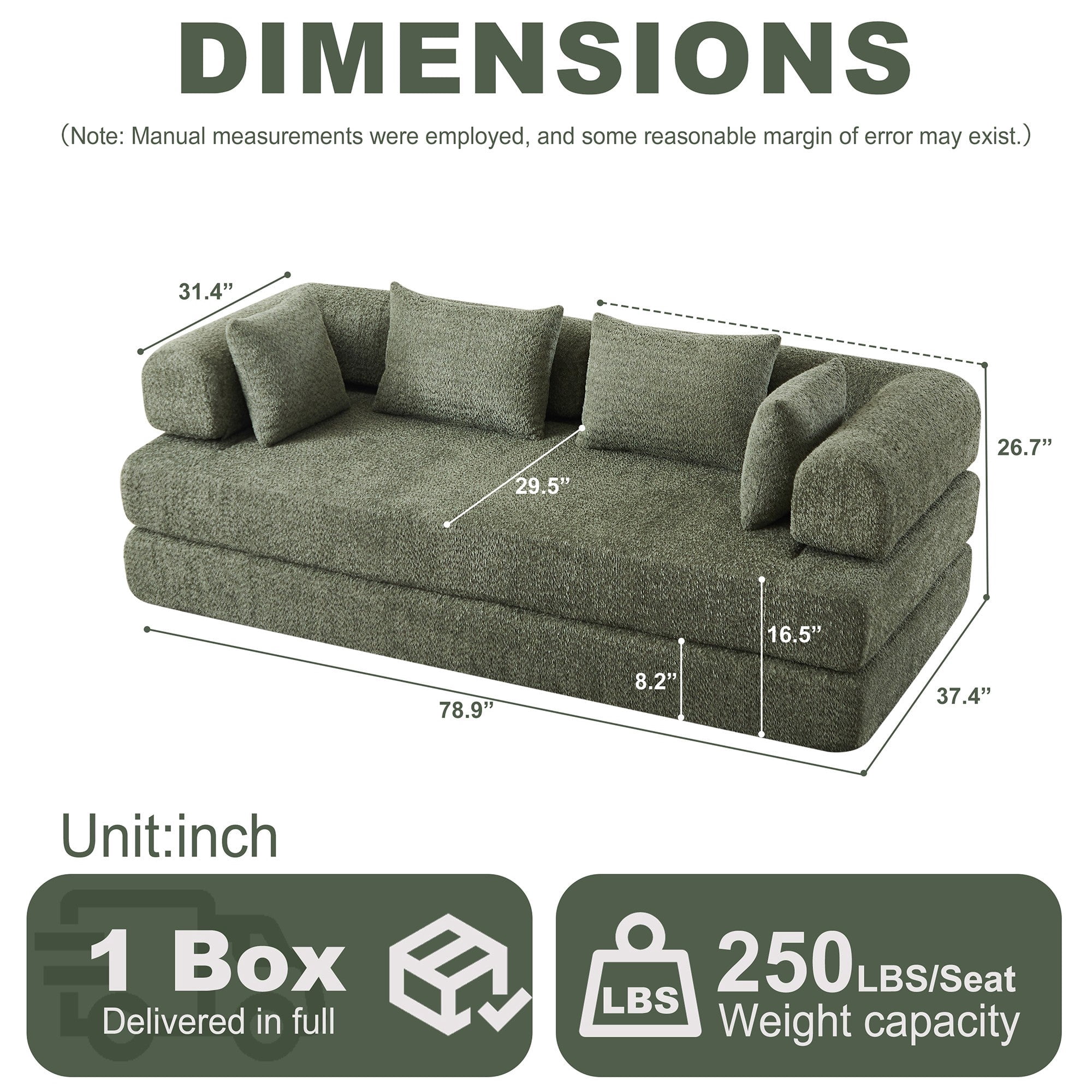 Sailvan 78.9" Convertible Sleeper Sofa, Modular Chenille Folding Mattress Sofa Bed with 4 Pillows, No Assembly Floor Lounge for Living Room Green