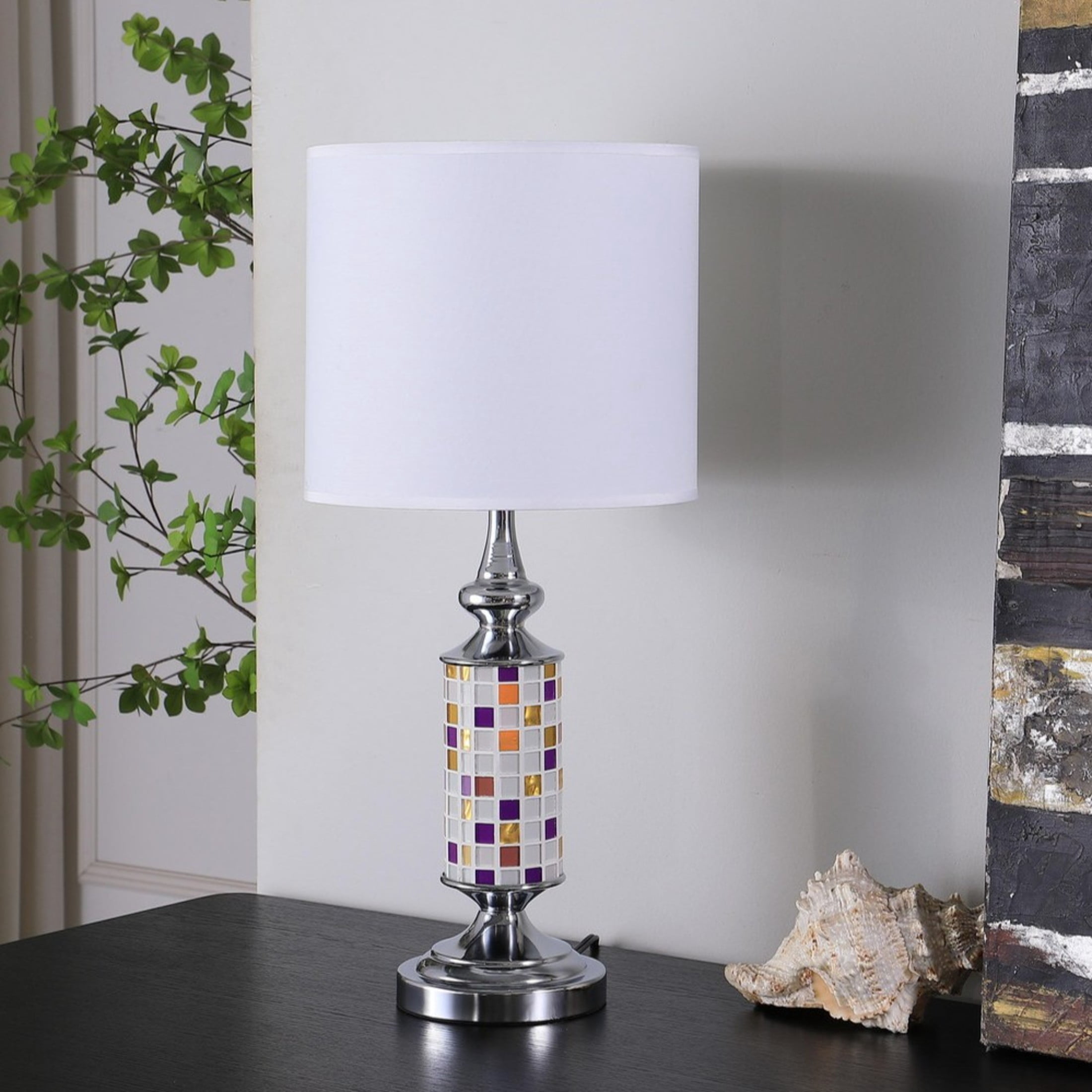 Noble House Vicki 24" Glass Mosaic Table Lamp, Chrome Base, White Drum Shade, E26 Light Bulb, Silver