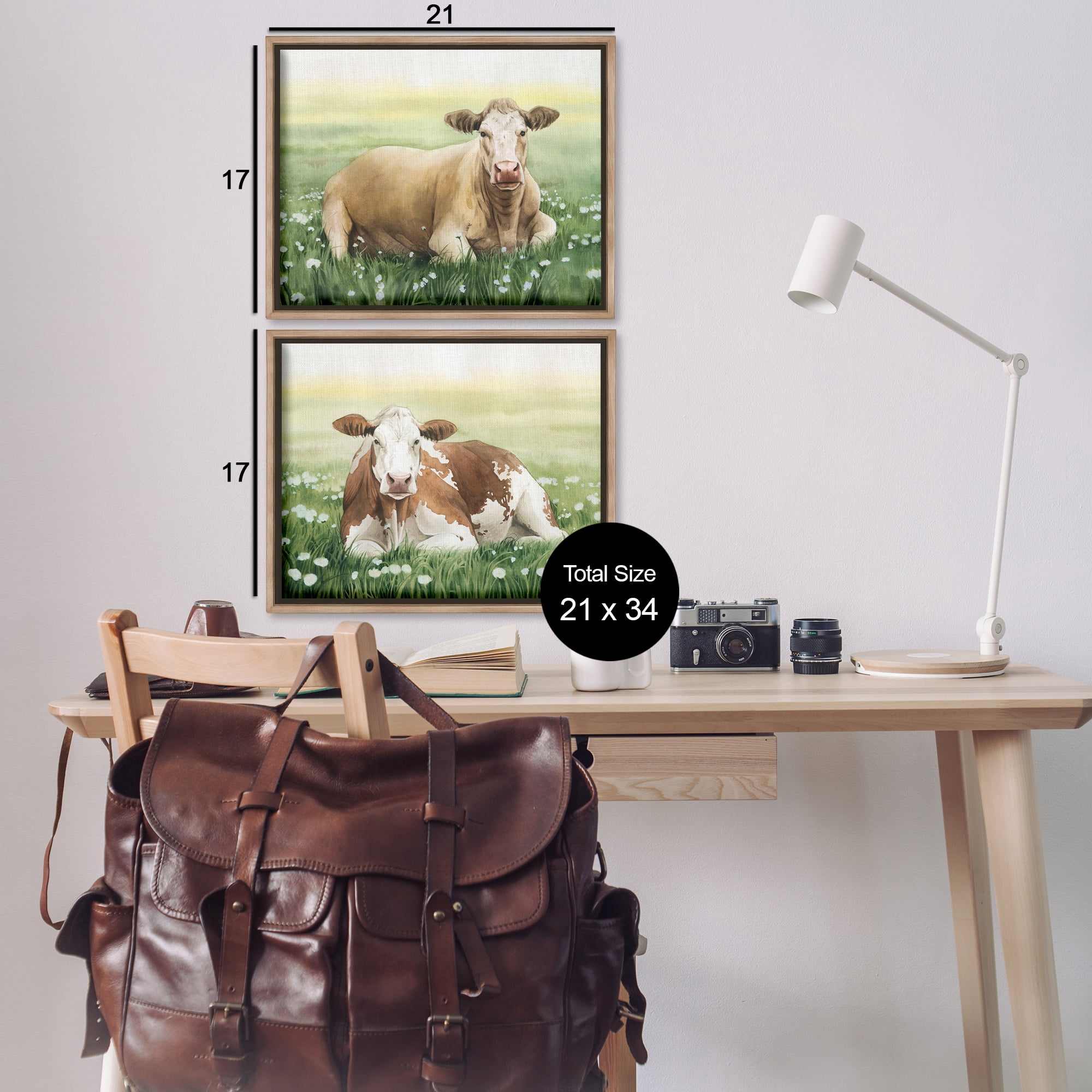Stupell Industries Cows Resting in Flower Field Animals Painting Brown Floater Framed Canvas Art Print Wall Art, 21 x 17, Set of 2