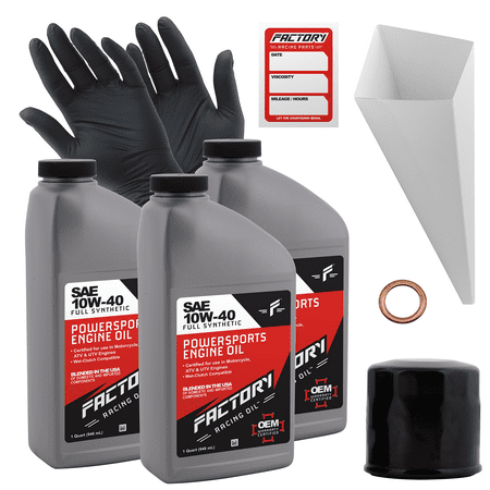 Factory Racing Parts Full Synthetic Oil Change Kit compatible with Yamaha Grizzly 350 – Includes 3 Quarts of SAE 10W-40 Oil, 1 Filter, 1 Crush Washer, 1 Funnel, 1 Oil Change Reminder Sticker