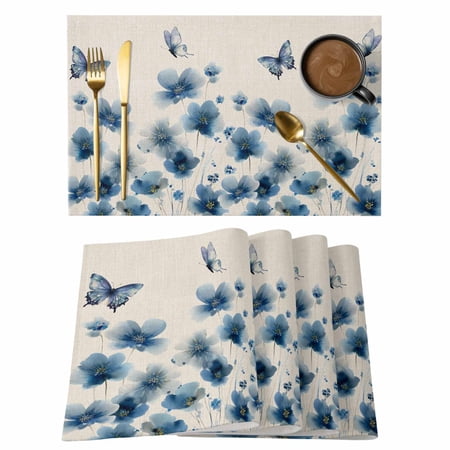 Navy Blue Floral Placemats Set of 6 Spring Flowers Rustic Butterfly Placemats for Dining Table Place Mats for Kitchen Tabletop Waterproof Wipeable Dining Table Mats Set