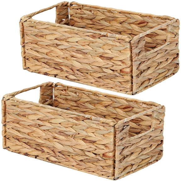Bevtee Wicker Storage Basket, 2 Pack Hand-Woven Water Hyacinth Storage Basket for Shelves, Foldable Cube Organizer Bins