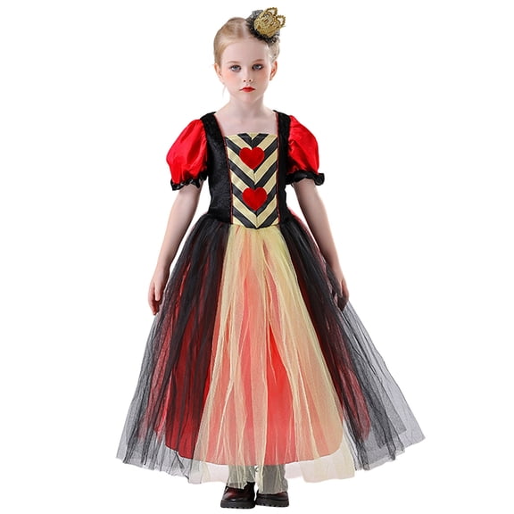 Royal Queen of Hearts Gown Fancy Dress with Crown Headband for Theme Parties, Halloween Cosplay Events and Stage Performances