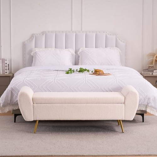 Teddy Storage Bench for Bedroom, 57" Extra Long Boucle Bench for King Size Bed, Modern Upholstered End of Bed Ottoman Bench with Arms and Gold Legs for Entryway Living Room (Ivory)