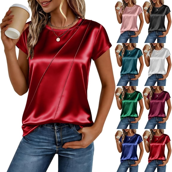 Agkizg Women's Satin Blouse Crew Neck Short Sleeve Business Casual Tunic Top Office Wear Blouse