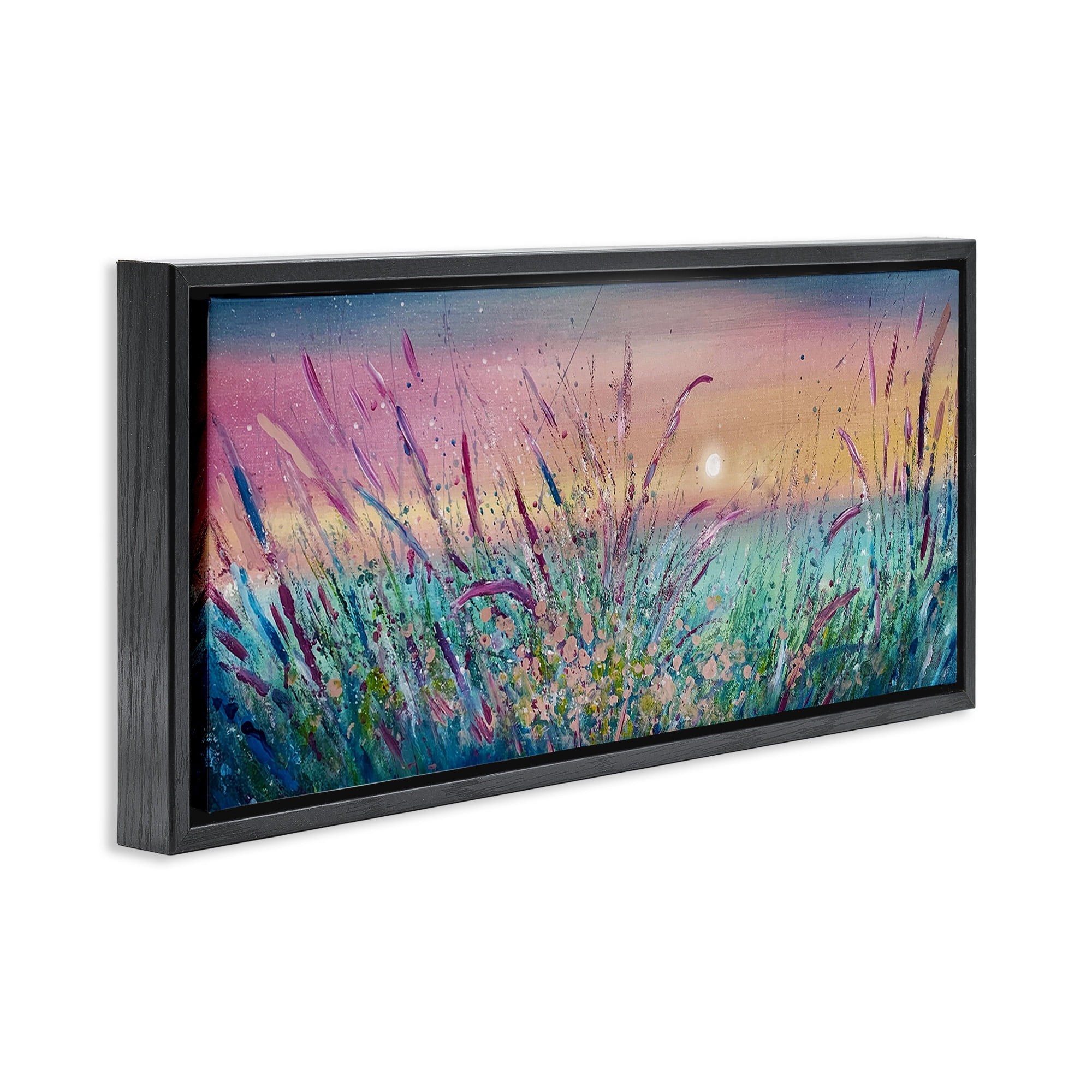 Stupell Industries Pond Reeds Sprouting at Sunset Landscape Painting Black Floater Framed Canvas Art Print Wall Art, 25 x 11