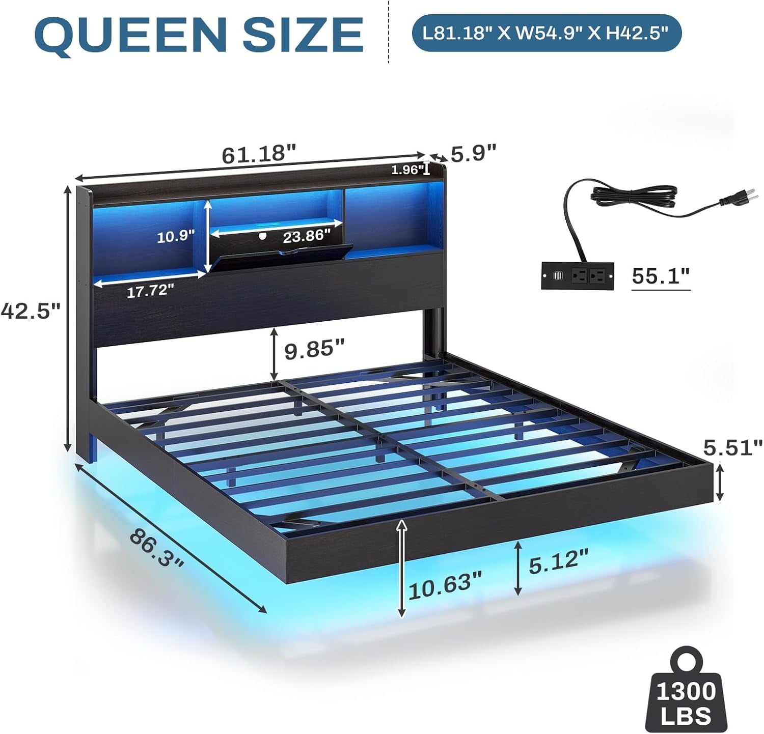Aunfebrco Floating Bed Frame Queen Size with Storage Headboard Queen Metal Platform Bed with LED Lights & Charging Station, No Box Spring Need, Black