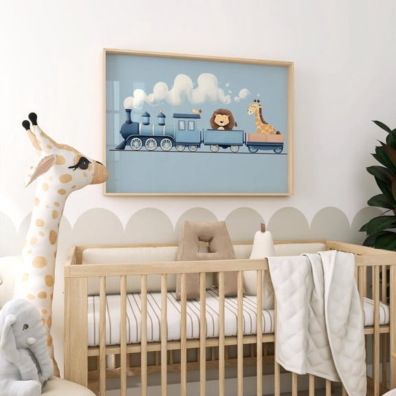 Safari Animal Train Nursery Wall Art Blue Baby Boy Room Printable Lion Giraffe Print Colorful Cute Playroom, Unframed Paper Poster 8x10in