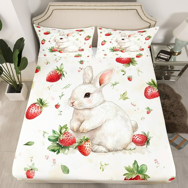 Erosebridal White Rabbit Fitted Sheet Set Queen, Cute Bunnies Fitted Sheet Queen, Fresh Strawberry Decor