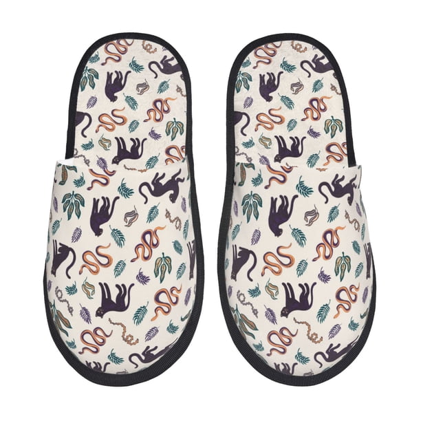 Fotbe Black Cat And Snake Pantuflas Peludas para Mujer con Estampado, Zapatillas de Peluche, Zapatos de Invierno para Casa, Uso Interior y Exterior-Medium