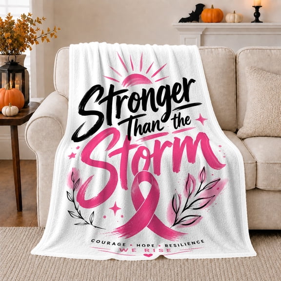 Stronger Than Storm Breast Cancer Awareness Motivational, Cozy Typography Art Scene, Warm Flannel Blanket for Living Room and Reading Nook, Art Lovers Encouragement Gift, Artistic Home Decor