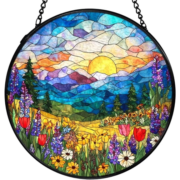 Spring Wildflower Landscape Suncatchers Stained Glass Window Hanging, Cottagecore Flower Sun Catchers Indoor Window Glass Round Wall Decor, Floral Wall Hanging Decorations, 6.3x6.3in
