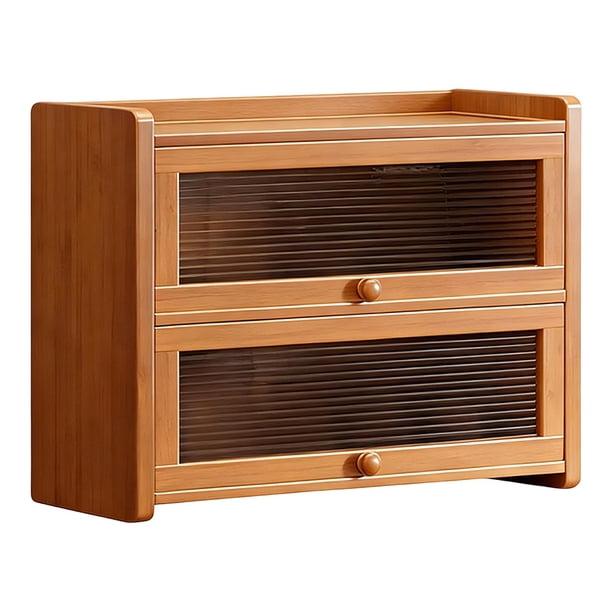 Organizador de pan de madera compacto con puerta abatible, 2 niveles, versátil, para despensa de cocina, ideal para tazas, , platos y vasos.