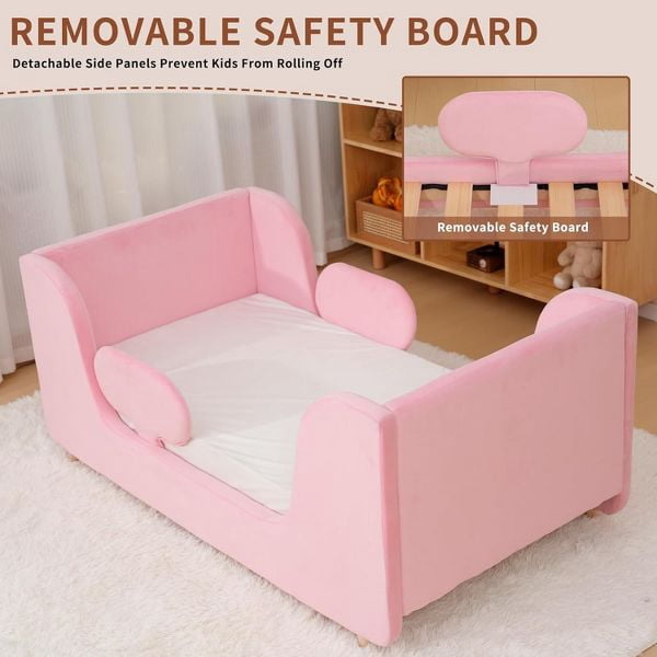 Mophoto Warm Pink Upholstered Toddler Bed with Padded Headboard Frame with Removable Guard Rails Kids Toddler Floor Standard Crib Size Bed for Girls and Boys(Mattress Not Included)