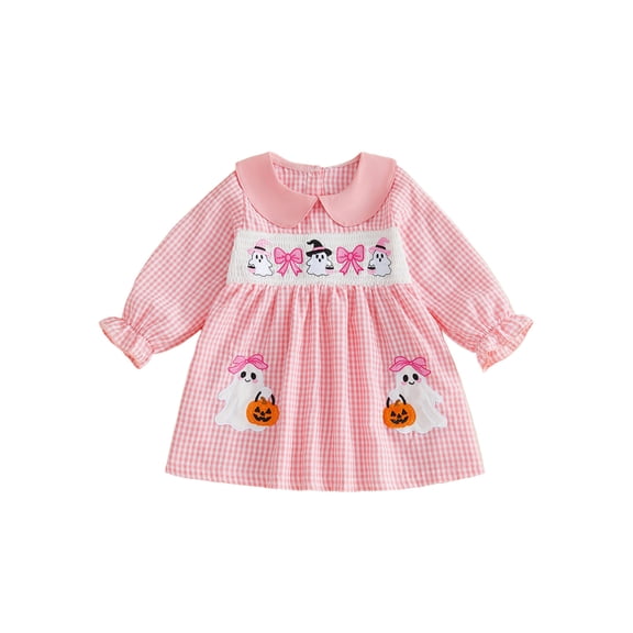 RUINIXCW Toddler Baby Girl Halloween Dress Outfit Little Baby Girls Fall Smocked Dress Clothes Funny Ghost Pumpkin Spider Embroidery Doll Collar Long Sleeve Gingham Plaid Dress