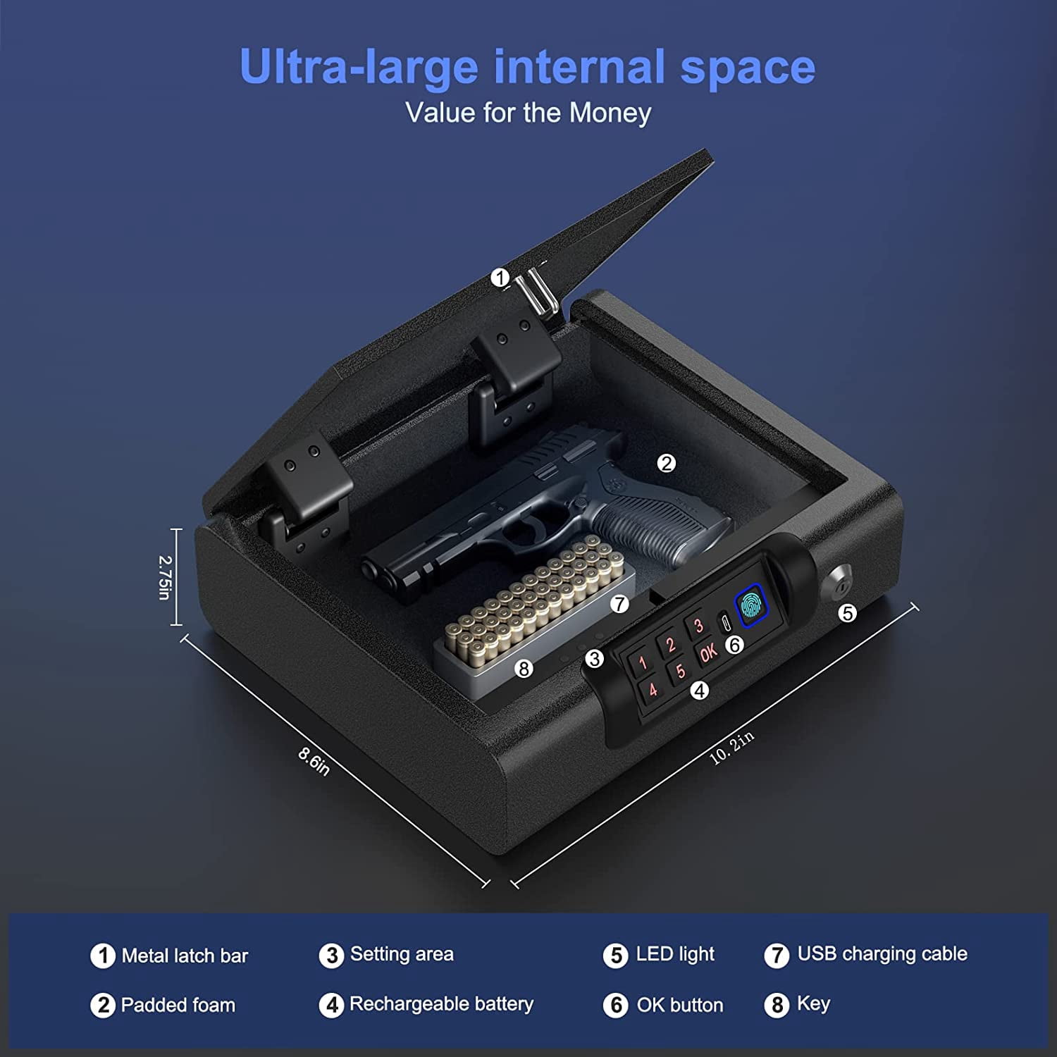 Gun Safe,Biometric Gun Safe for Pistols 3-Ways unlock Safe Fingerprint Digital PIN Key Unlock with Voice, Gun lock box for Cloakroom living room Bedroom Nightstand and Car