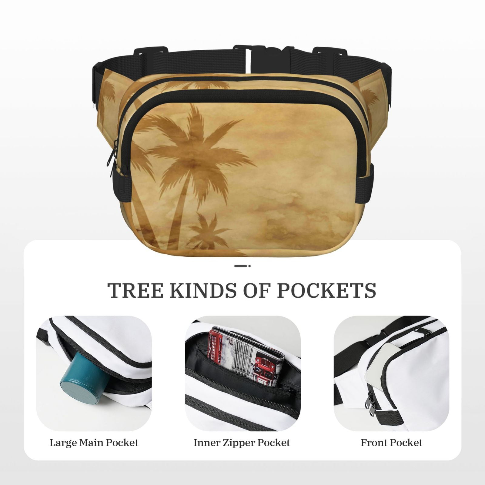 Kuqiui Retro Palm Tree Print Fanny Packs for Women Cross Body Waist Bag Fashionable Fanny Pack Designer Workout Hiking Waist Pack Running Travel Gym