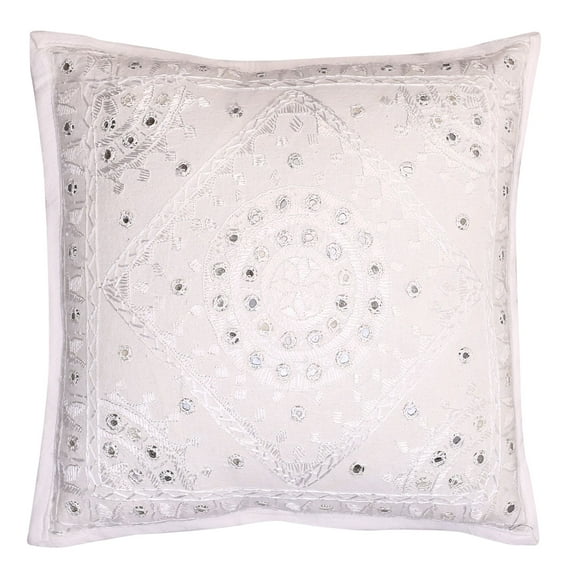 Stylo Culture Indian Couch Throw Pillow Cover 16 x 16 Hand Embroidered White Bohemian 40x40 cm Living Room Decor Cotton Mirrored Square Cushion Cover | 1 Pc