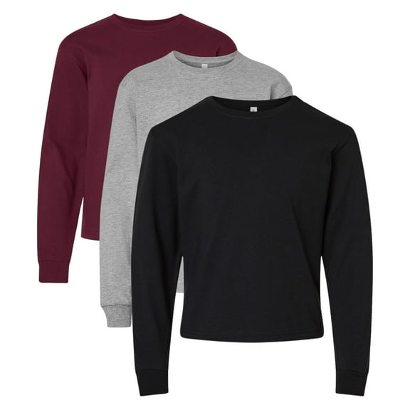 BELLA + CANVAS Youth Heavyweight Long Sleeve T-Shirt, Boxy Fit Assorted Tee Shirts 100% Airlume Ring-Spun Cotton Bulk T-Shirt (Dark Color 3 Pack, M)