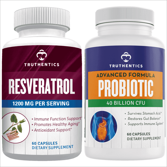 Truthentics Resveratrol 1200 MG Plus Probiotic 40 Billion CFU - Bundle, 60 Count Each - Immune, Heart, Digestive, Gut Health