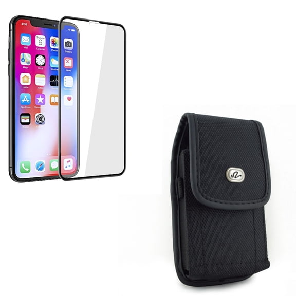 Screen Protector w Case Belt Clip for iPhone 11 Pro Max - Tempered Glass 5D Touch Curved Edge Full Cover Bubble Free, Rugged Holster Canvas Cover Pouch Z8J Compatible With iPhone 11 Pro Max