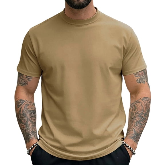 hlysgo Mens Quick Dry Shirts Breathable Cooling Short Sleeve Crew Neck Pullover Workout Tops Classic Solid Color Basic Tees Fitted Summer Tops Khaki XXXL