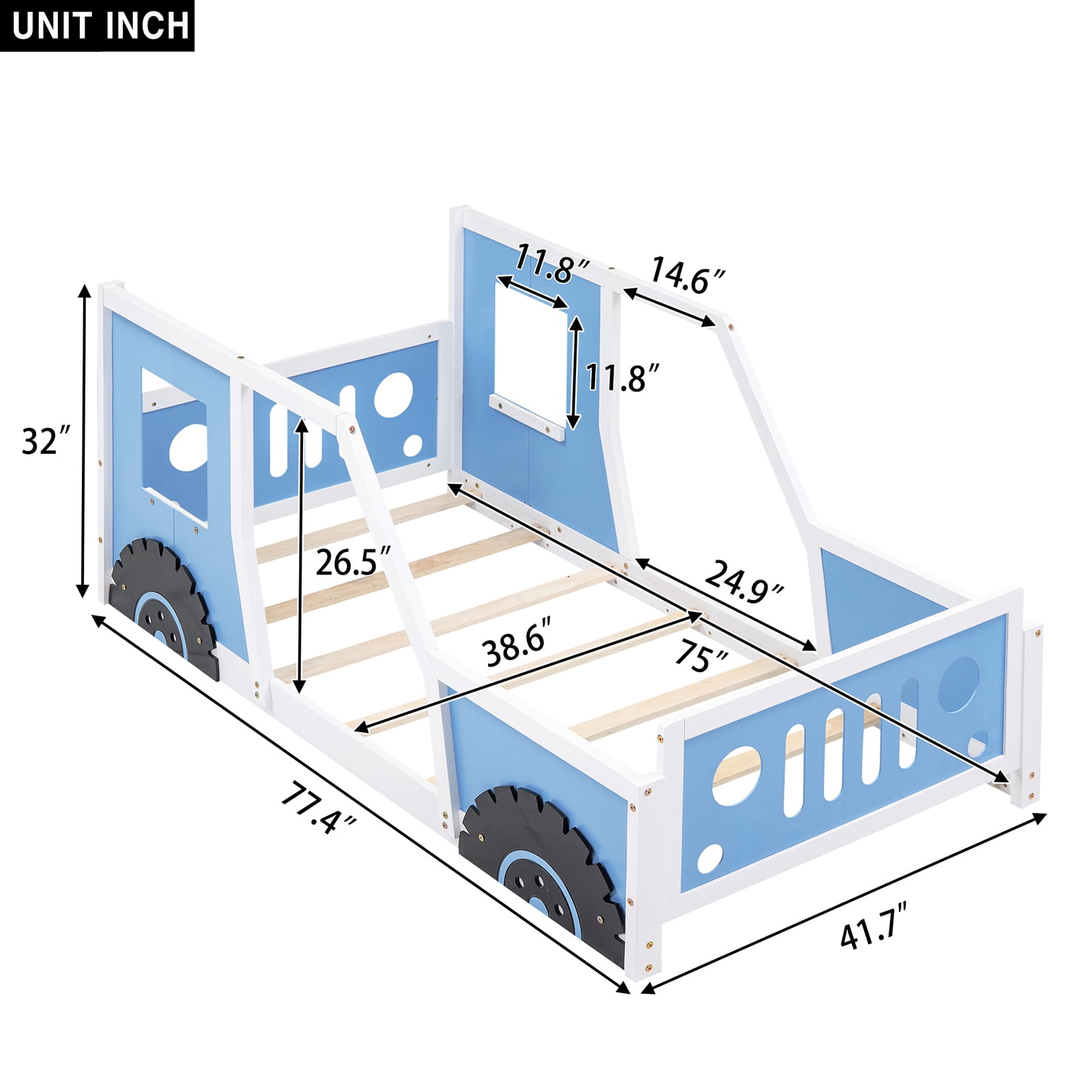Twin Size Car Shaped Platform Bed Frame with Wheels, Headboard, Footboard, 2 Doors and Windows On Either Side