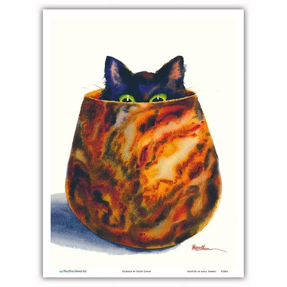 Peekaboo - Hawaiian Black Cat (ʻeleʻele Popoki) - Koa Wood Bowl - From an Original Hawaii Watercolor Painting by Peggy Chun - Master Art Print (Unframed) 9in x 12in