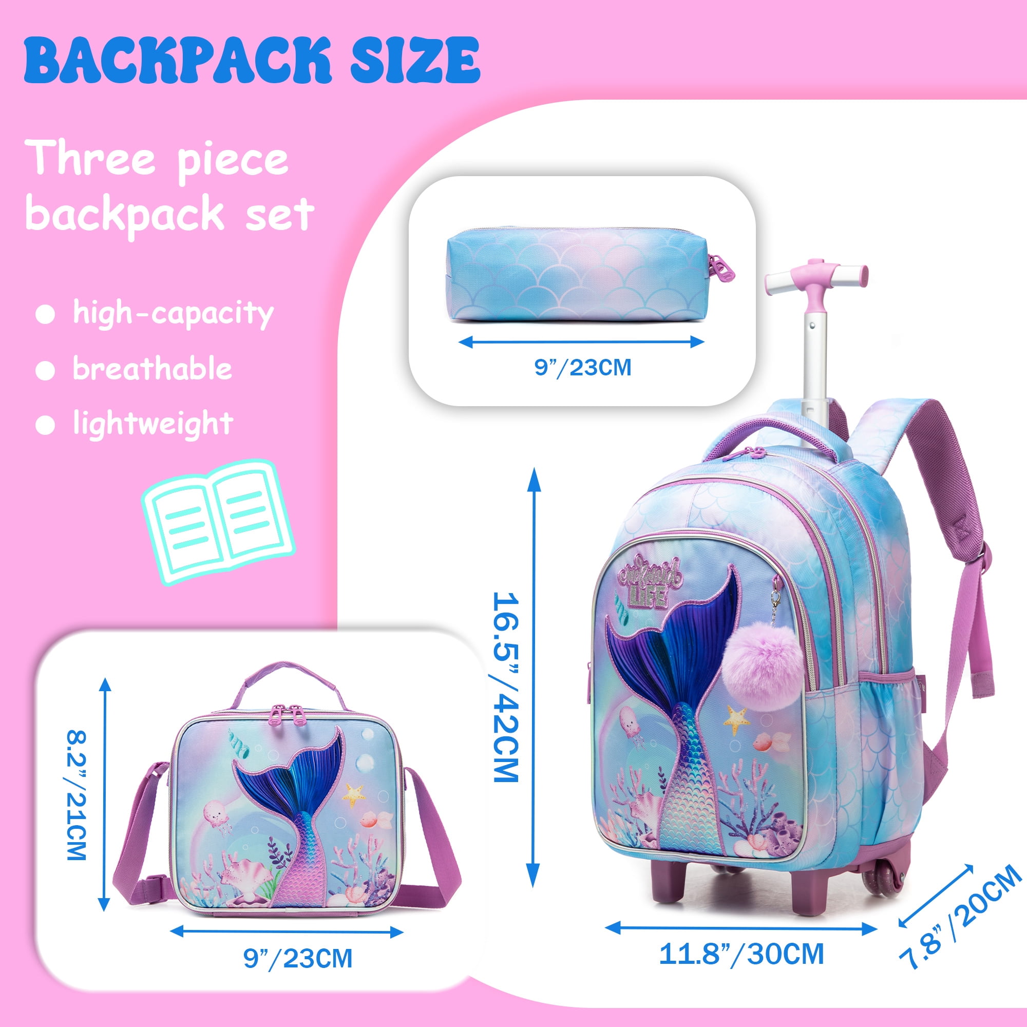 Kids Mermaid Rolling Backpack for School Girls,Backpack with Lunch Box Pencil Case for Elementary Students Ages 6-8