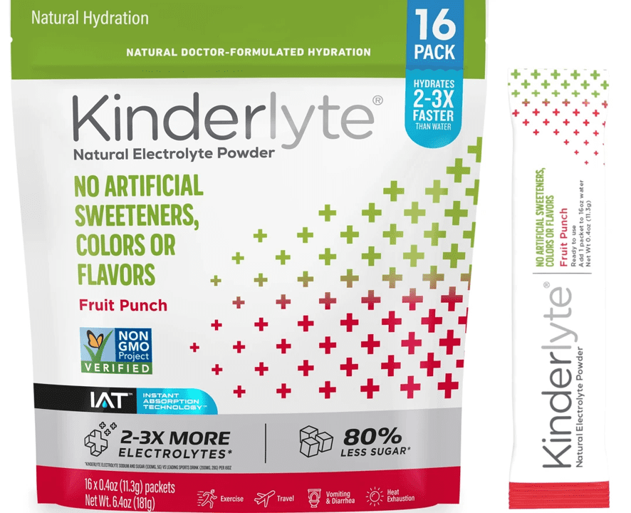 Kinderlyte Natural Electrolyte Powder Drink Mix, Fruit Punch, 0.4 oz Packets (16 Count)