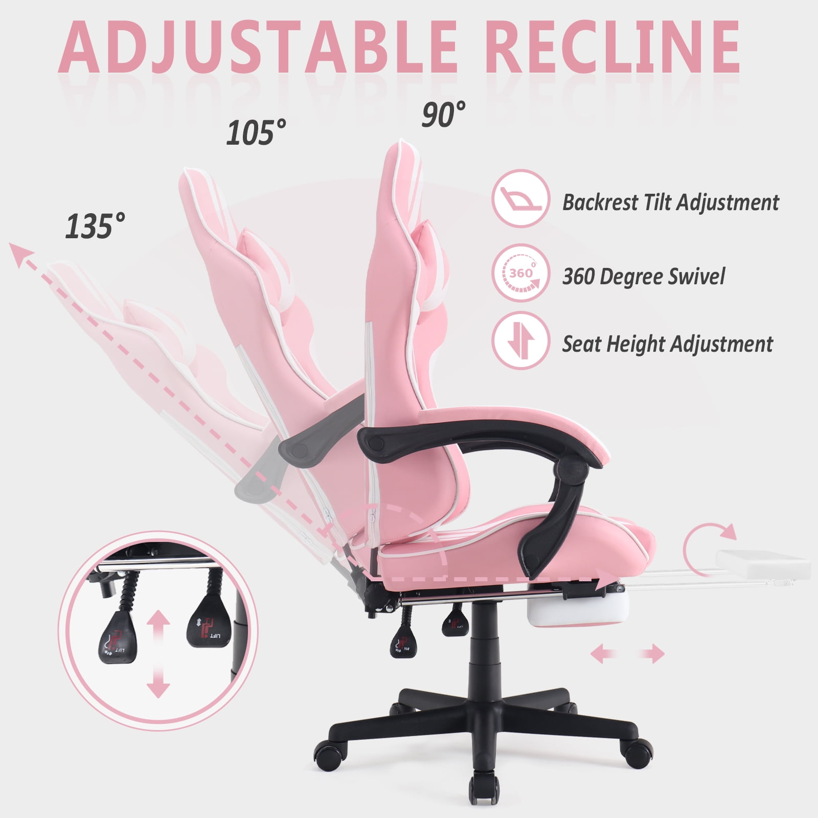 Luxvie Pink Gaming Chair with Footrest High Back Ergonomic Office Gamer Chair with Massage and Headrest Lumbar Support Swivel Seat Computer Game Chair for Adults