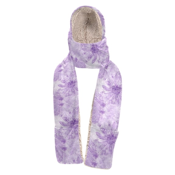 BZSMCE Warm Fleece Hood Scarf Wrap Lavender Floral Elegance Pattern