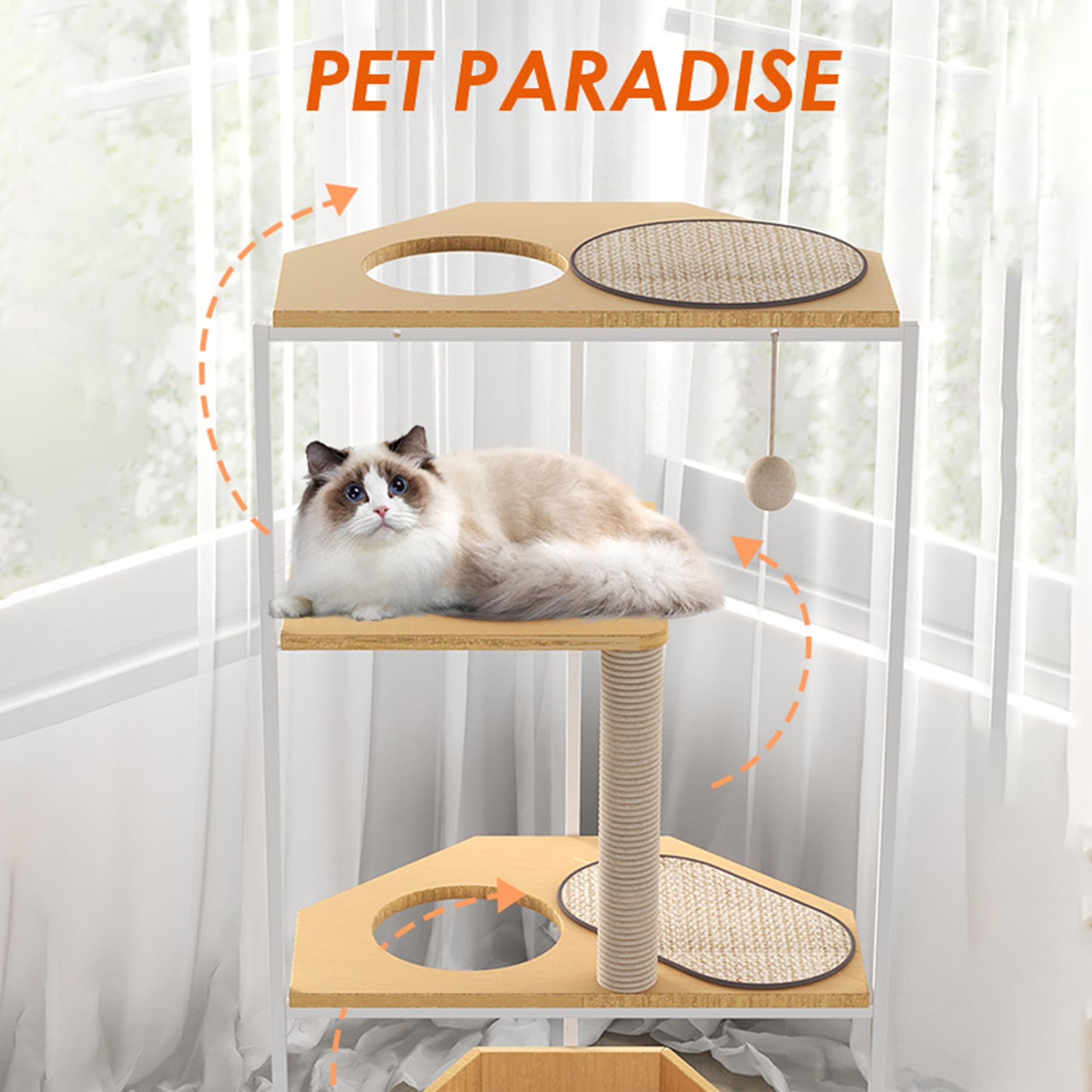 Pefilos 58" Cat House for Indoor Cats with Feeding Station and Climbing Platforms, Corner Cat Tree Tower, Cat Condo Furniture with Scratching Post, Beige Pefilos 58" Cat House for Indoor Cats with Feeding Station and Climbing Platforms, Corner Cat Tree Tower, Cat Condo Furniture with Scratching Post, Beige