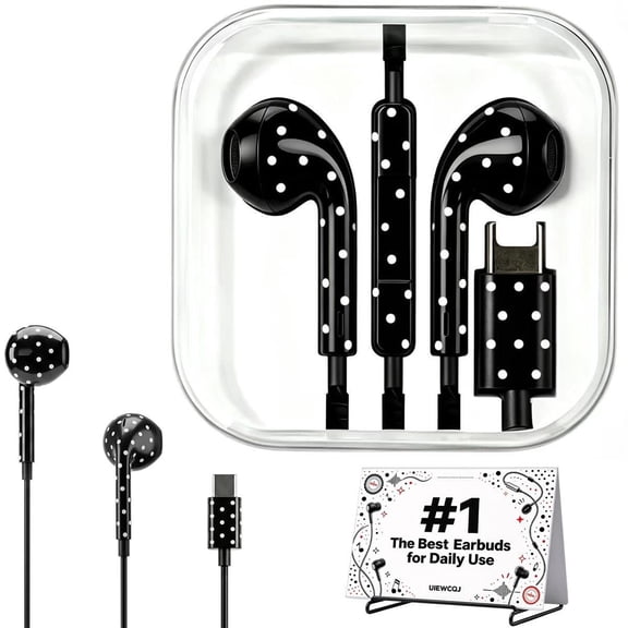 Polka Dot Wired Earbuds USB C Earphones with Microphone and Volume Control, Cute Wired Headphones Type C Earbuds Girly Earphones Inline Remote Black White Pattern Lightweight Semi In Ear Headset