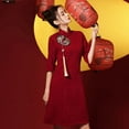 thumbnail image 3 of Vestido de novia estilo cheongsam para mujer, corto, modificado, color rojo vino, para boda, para otoño, 3 of 5