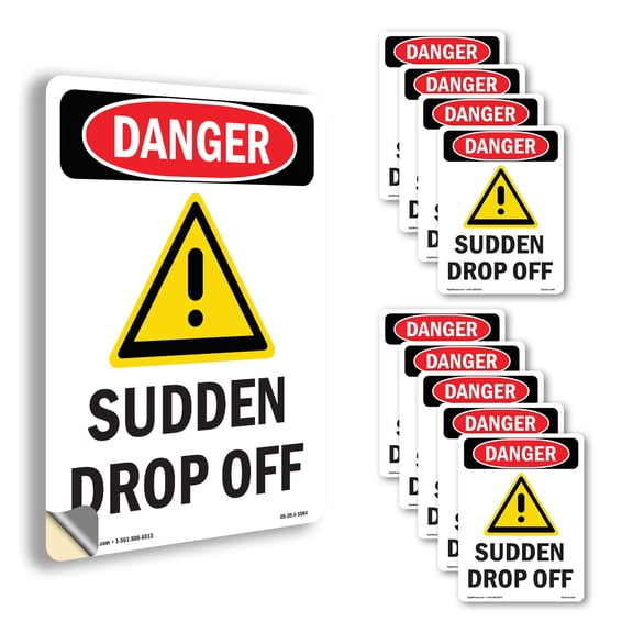 Sudden Drop Off OSHA Danger Vinyl Decal Label 14 Inch x 10 Inch - 10 Pack