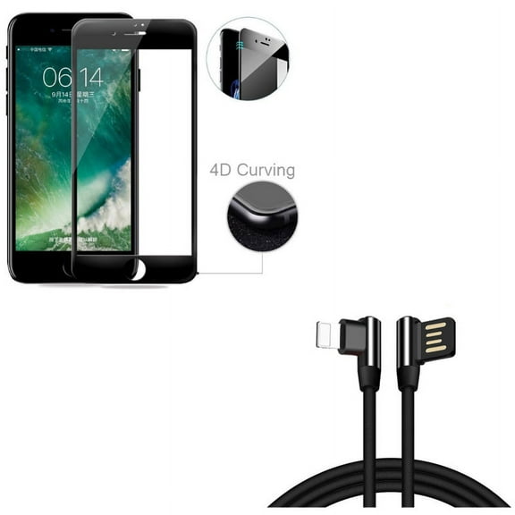 iPhone 8/7/6S/6 - Tempered Glass Screen Protector w 6ft Angle USB Cable - 4D Touch Curved Edge Full Cover Bubble Free Case Friendly, Charger Cord Power Wire Sync 90 Degree for iPhone 8/7/6S/6